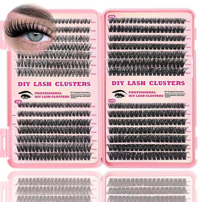 Lash Clusters Kit, 560 Pcs Eyelashes Clusters Kit 9-16mm Individual Lash Extension Kit D Curl Fluffy Wispy False Eyelashes (50D+60D+80D+100D, Lash Clusters)