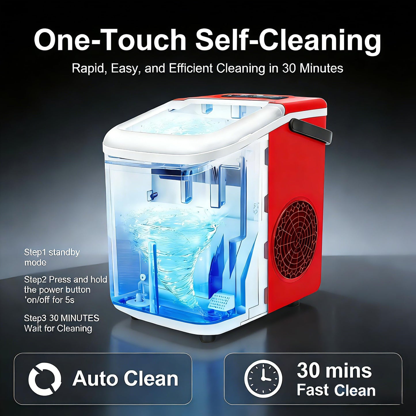 Bayany Countertop Ice Maker with Handle, 26lbs/24H, Small Portable Self-Cleaning Ice Machine with Basket and Scoop, 9 Bullet-Shaped Ice Cubes in 6 Mins for Home Kitchen, Parties, Camping