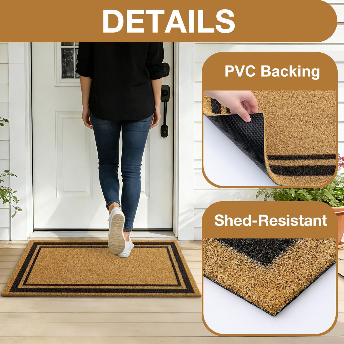 OLANLY Front Door Mat, Low Profile Doormat, Stain and Fade Resistant, Easy to Clean, for Indoor and Outdoor Entrances, Patio Porch or Entryway, Brown (59x34 Inch, Classic Border)