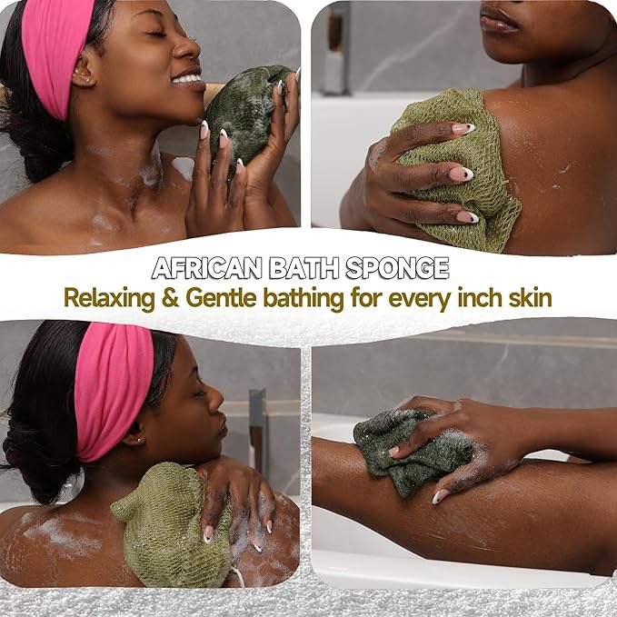 SubSahara Authentic African Net Sponge - 2 Pack Exfoliating Bath & Shower Loofah Sponge for Body & Face, Gentle Scrubber for All Skin Types, Travel, Durable Polyester (Olive Green & Light Green)