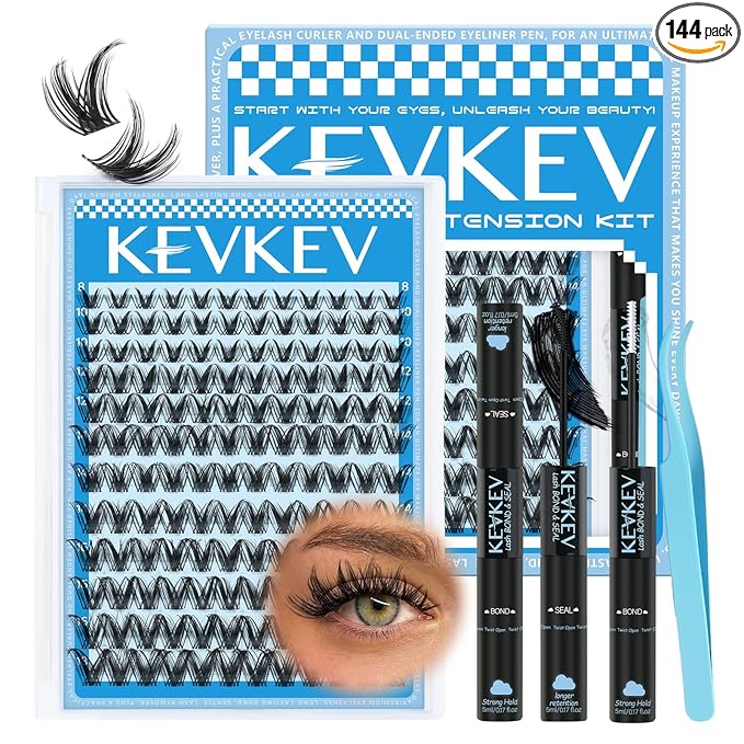 KEVKEV Lash Clusters Kit 144pcs Manga Lashes Clusters 8-18mm Lash Extension Kit Thin Band Eyelash Extension Kit Lash Clusters with Lash Bond and Seal Eyelash Clusters Kit DIY Lash At Home(Kit-K02)