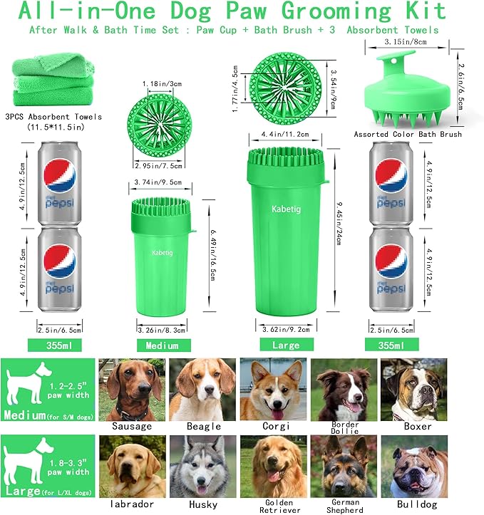 Dog Paw Cleaner Kit for L/XL Dogs - Quick Clean No Full Bath, 2-in-1 Paw Wash Cup with Detachable Silicone Brush Head, Includes Bath Brush & 3 Absorbent Towels, Green