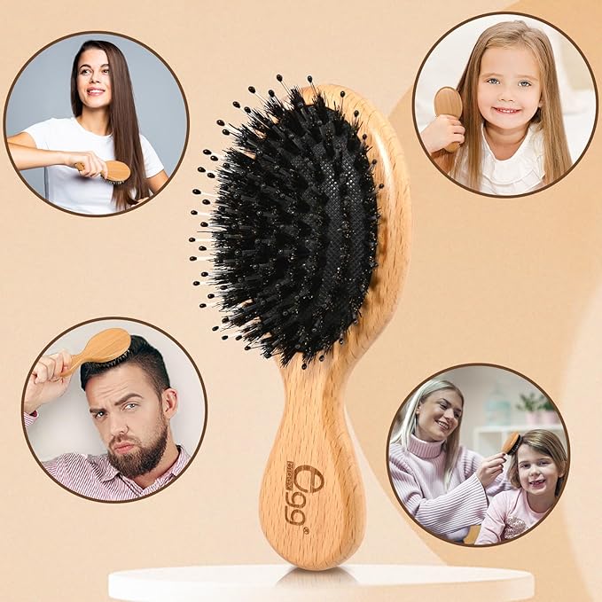 BLACK EGG Hair Brush Mini Boar Bristle Hairbrush for Thick Curly Thin Long Short Wet or Dry Hair Detangle Massage Add Shine