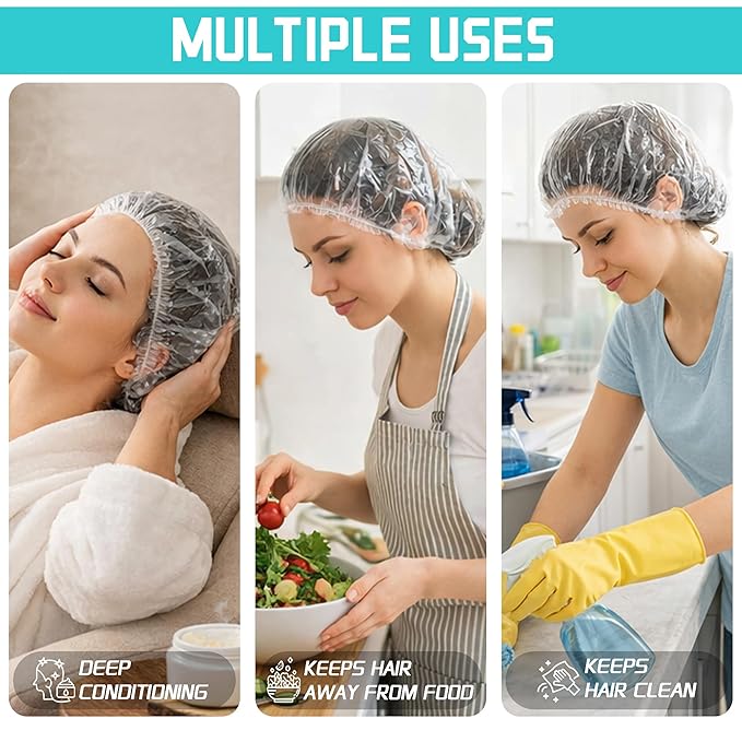100 Pcs Disposable Shower Caps for Women & Men, Plastic Shower Cap Waterproof & Durable, Clear Large Plastic Hair Caps for Deep Conditioning, Hair Treatment, Travel Essentials Accessories