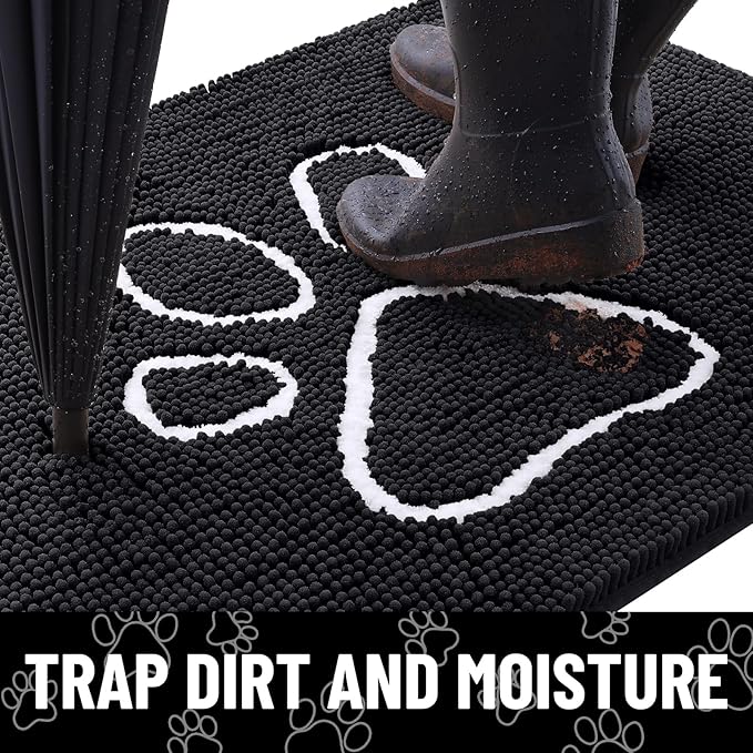 Smiry Dog Door Mat for Muddy Paws, Absorbent Dirt Trapper Non Slip Quick Dry Washable Chenille Mat for Mud Dogs, Entry Rug for Indoor and Outdoor (47x24 Inches, Black and White)