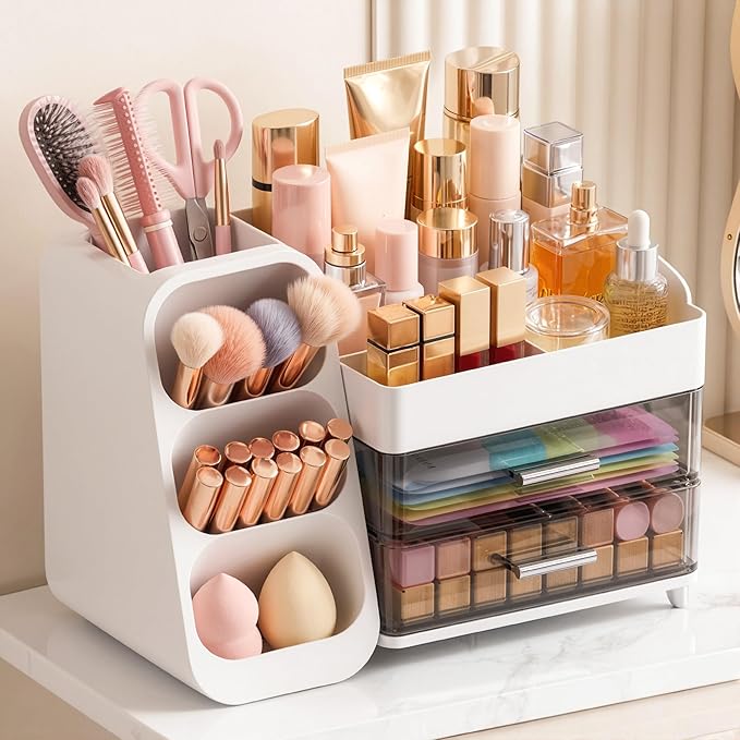 Large Capacity Makeup Organizer Countertop with Makeup Brush Holder for Vanity, Thickened Material, Bathroom Countertop Organizer Skin Care Perfumes Storage, Teen Girl Gifts for 12-23 YearÃ¯Â¼ÂwhiteÃ¯Â¼Â