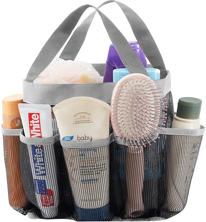 Lifewit Mesh Shower Caddy Portable for College Dorm Room Essentials with 7 Pockets, Freestanding Hanging Organizer Basket, Quick Dry Tote Bag for Camping, Bathroom, Beach, Travel, 1 Pack, Grey
