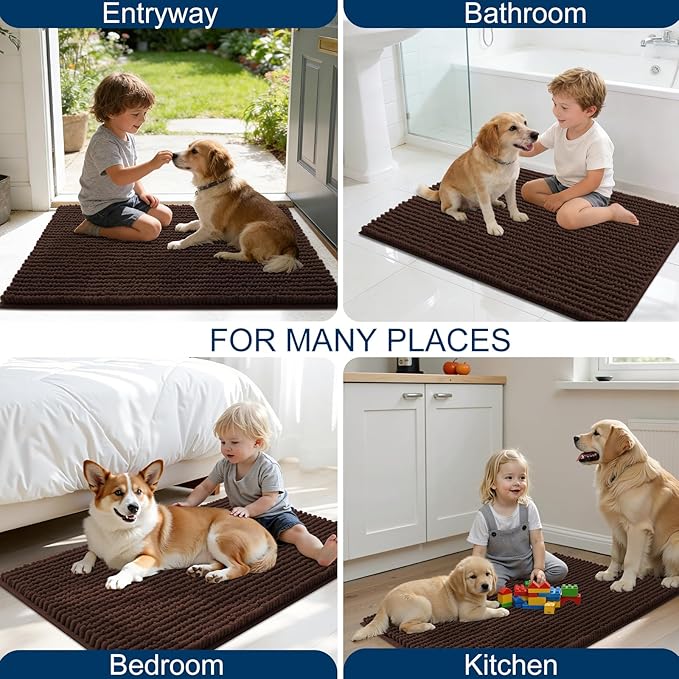 OLANLY Dog Door Mat for Muddy Paws 44x24, Ultra Absorbent Chenille Mud Doormat, Non-Slip Washable and Dirt Trapping Doormat for Indoor Entryway, Quick-Dry Indoor Pet Bed Mats for Dogs, Brown