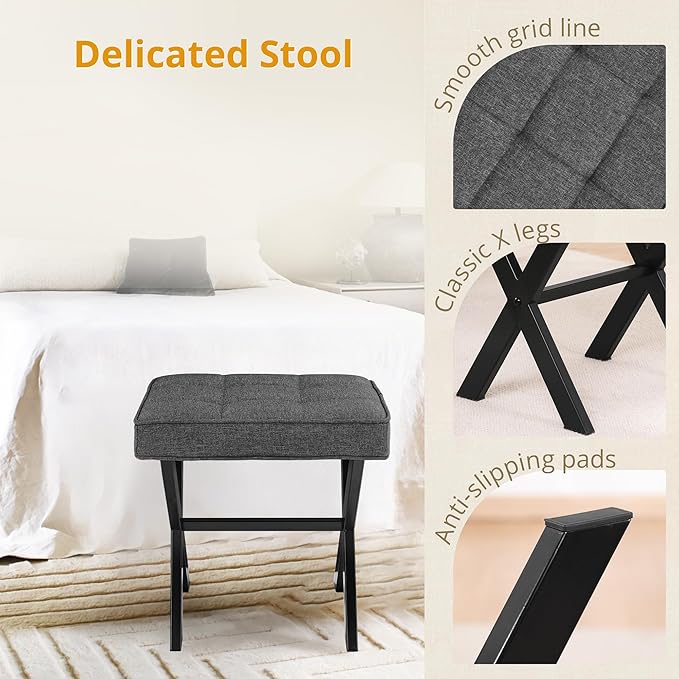 LUE BONA Vanity Stool, Square Linen Makeup Stool with Metal X Legs, Small Ottoman Stool Chair for Vanity, Modern Padded Vanity Seat Foot Rest Stool for Makeup Room, Living Room, Bathroom, Carbon Gray