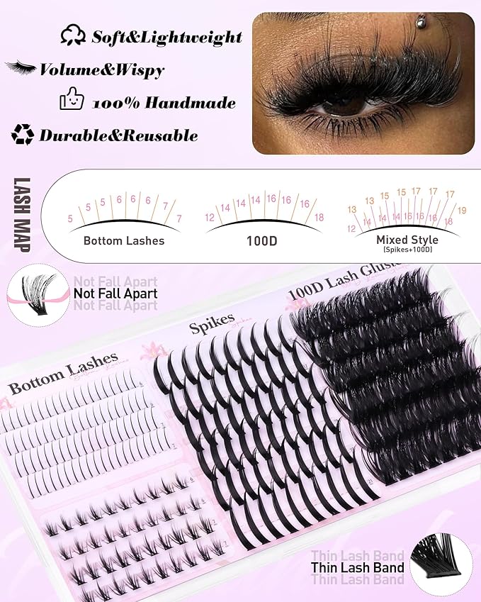Wispy Lash Clusters with Spikes D Curl Eyelash Clusters with Bottom Lashes 100D Fairy Cluster Lashes Volume Cluster Eyelash Extensions 234PCS Fluffy Individual Lashes DIY Mink Spiky Lash Extension