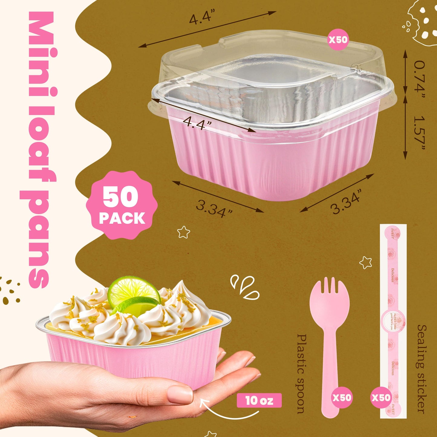 NPLUX 50 Pcs Mini Square Baking Cups with Lids and Spoons Aluminum Foil Mini Cake Pans with Lids Disposable Ramekins Cake Pans Dessert Cups for Wedding Birthday Party(Pink,10oz)