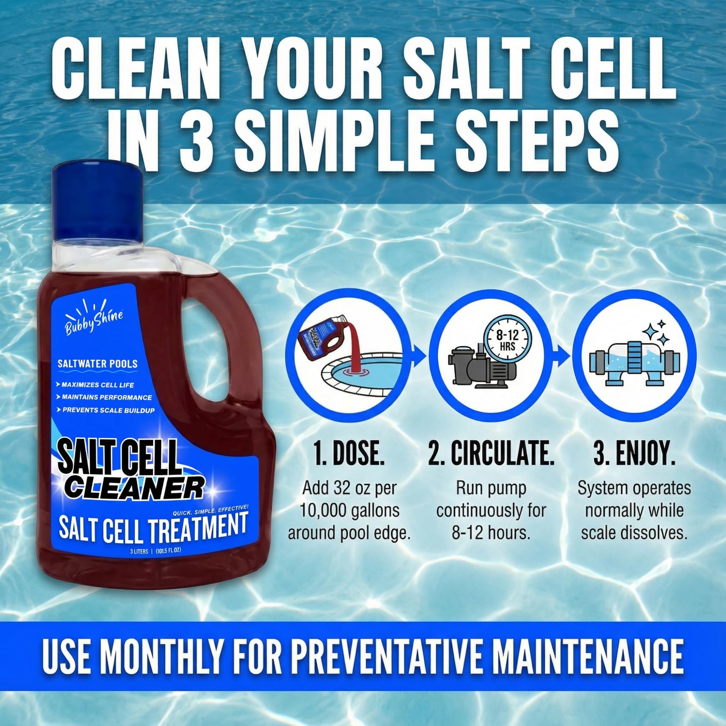 Salt Cell Cleaner for Pool, Pool Salt Cell Cleaner for Saltwater Pools, Salt Generator Cell Cleaner Solution, Helps Reduce Scale Buildup, 3 L (101.5 fl oz) - BubbyShine