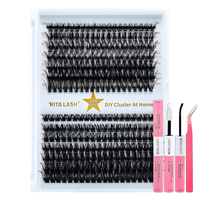 RITALASH Lash Extension Kit 60D+80D DIY Lash Clusters 280pcs Cluster Lashes Individual Lashes Eyelash Extension Kit with Lash Bond and Seal,Lash Tweezers(60D+80D Kit,9-15mm Mixed)
