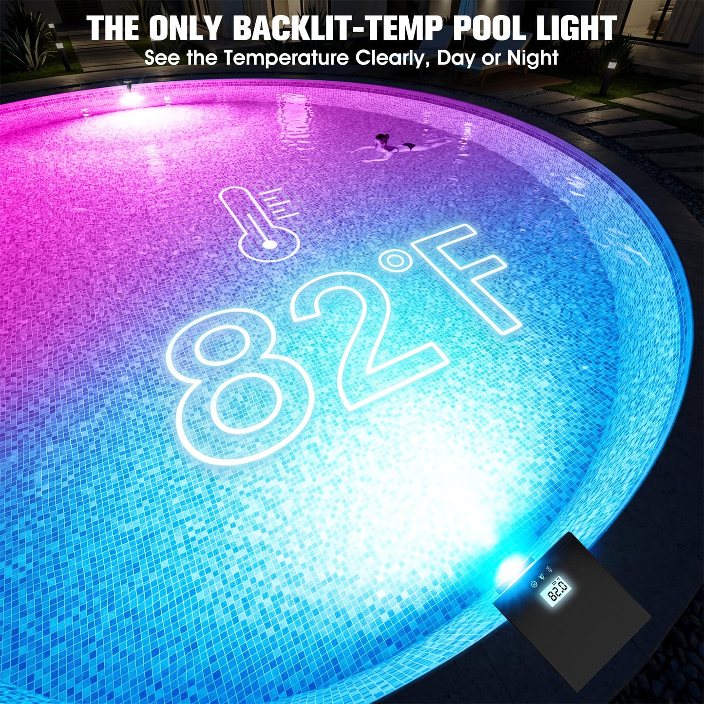 LightHacker Solar Pool Lights for Inground Pools,Upgraded Solar Lights with LCD Pool Thermometer, Underwater Submersible Led Light for Pool Accessories, Swimming Pool Lighting with 10 Light Modes, 1PC