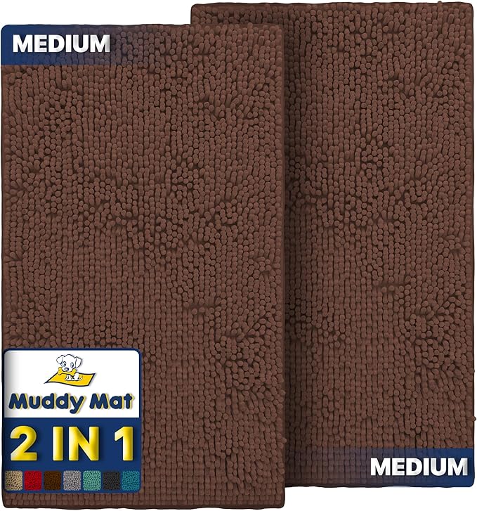 Muddy Mat® 2-Piece Brown Medium 30"X19" AS-SEEN-ON-TV Highly Absorbent Microfiber Door Mat, Bath Mat and Pet Rug, Non Slip Thick Washable Soft Chenille for Kitchen Bathroom Bedroom Indoor and Outdoor