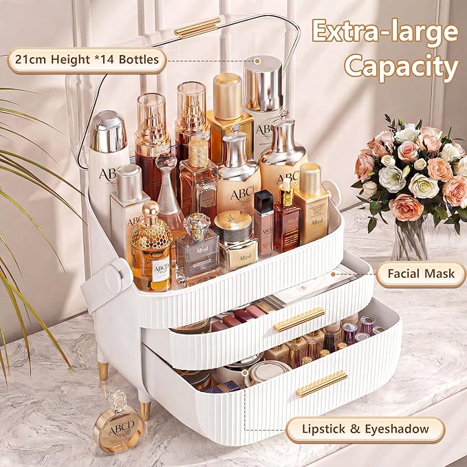 Makeup Organizer Skincare Organizers - Cosmetic Display Cases with Transparent Cover, SkinCare Organizers for Bathroom Countertop, Bedroom Vanity Desk, Lipstick Organizer, White