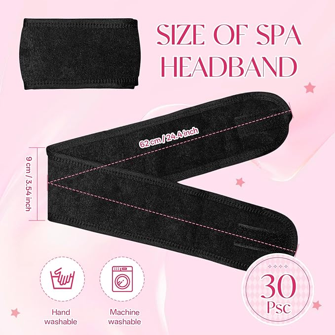 30 Pack Adjustable Spa Headband for Women Non-Slip Facial Hair Wrap for Washing Face, Makeup, Shower, Skincare, and Yoga (Black, 30)