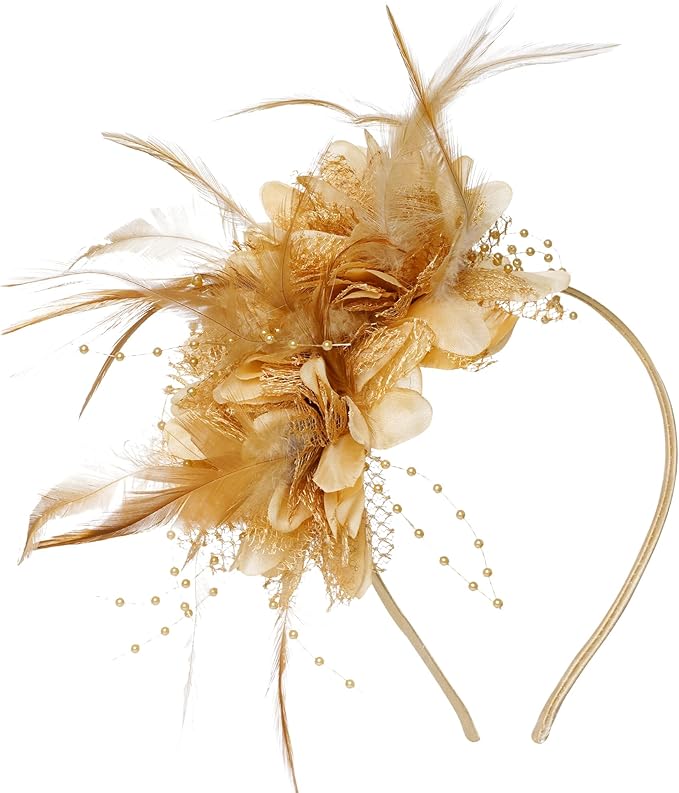 Womens Fascinators Hats Tea Party Hats for Women, Feather Pearl Veil Headband for Wedding Cocktail Dresses Accessories
