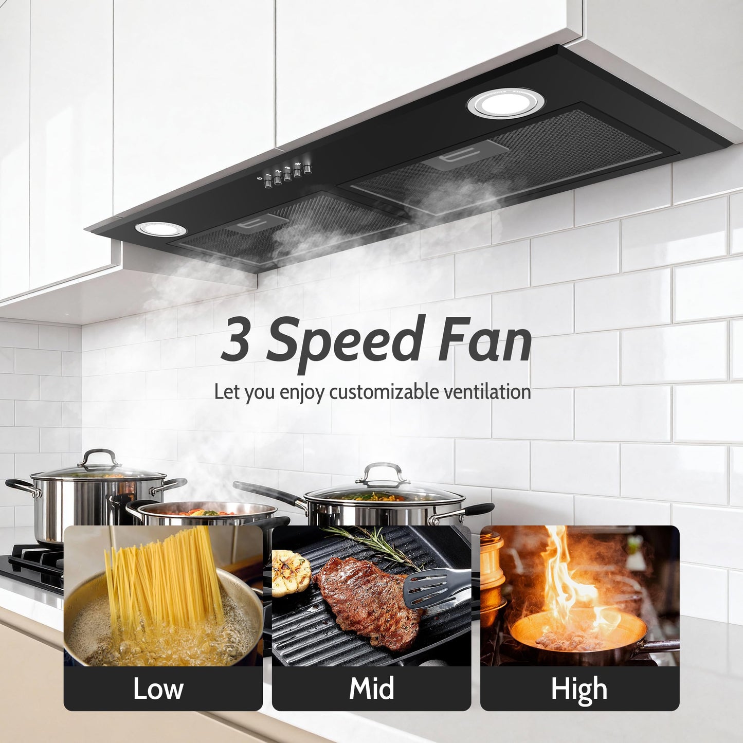 FIREGAS Black Range Hood 28 Inch, Built-in Kitchen Vent Hood with 450 CFM, 3 Speed Exhaust Fan, 2 LED Lights & Button Control, Ducted/Ductless Convertible