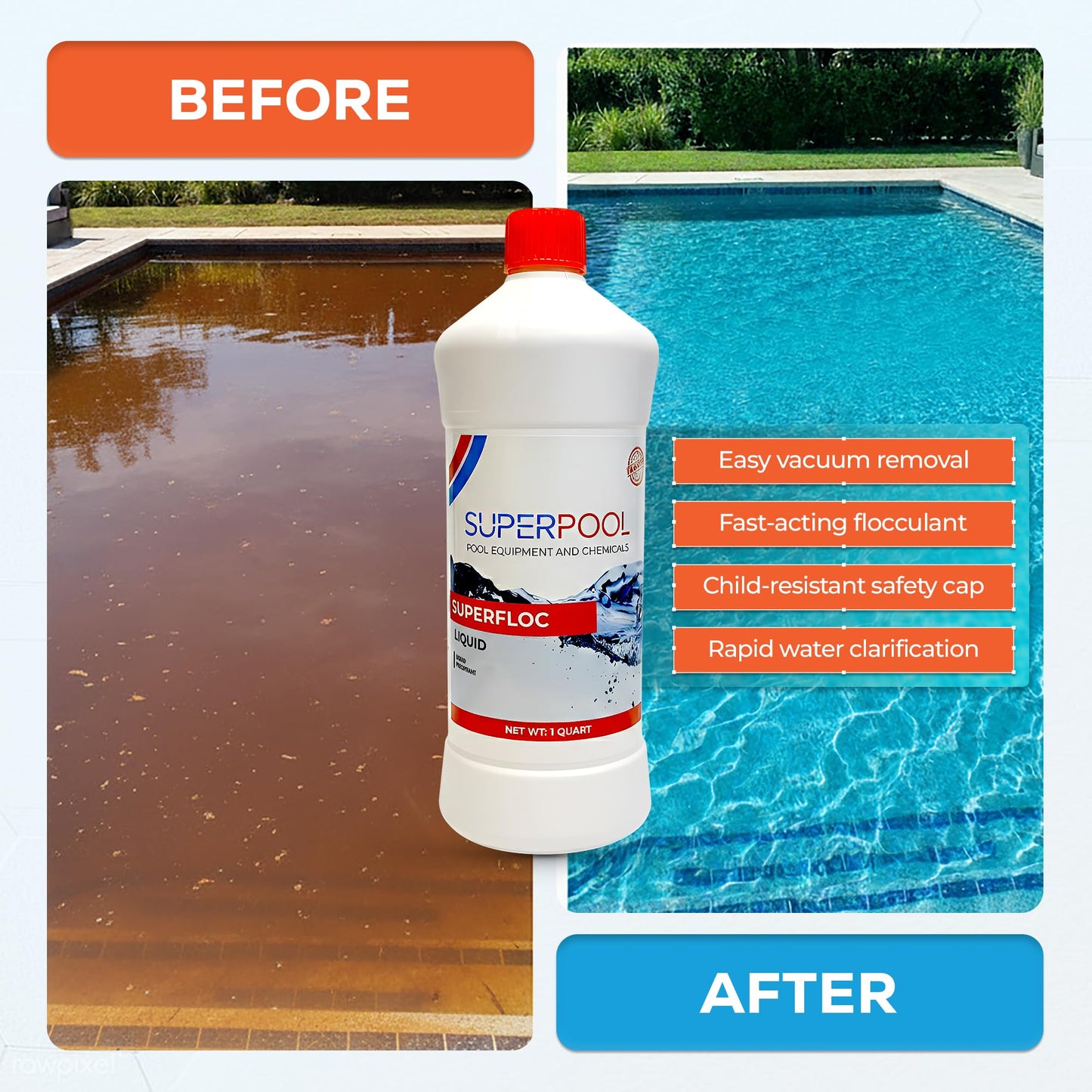 Superpool Swimming Pool Flocculant – Flock Pool Treatment for Cloudy Pool Water, Helps Clarify Water in Pools, Spas, Hot Tubs & Jacuzzis – Liquid Superfloc for Pool - 1 Quart