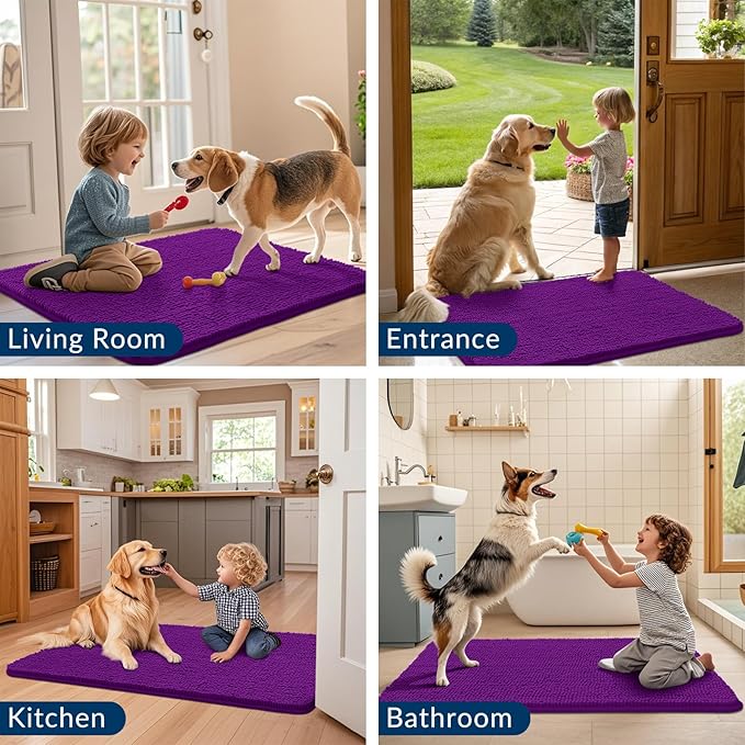 Smiry Dog Door Mat for Muddy Paws 47x24, Absorbs Moisture and Dirt Doormat, Non-Slip Washable Quick Dry Chenille Front Door Mat Indoor Entrance, Entryway Carpet for Inside Floor, Purple