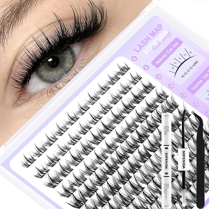 SOFENIDA Natural Lashes Cluster Manga Lash Clusters Kit 8-16mm Lash Extension Kit Eyelash Extension Wispy Lash Clusters Individual Lash Wispy Eyelashes Clusters with Lash Glue&Tweezers