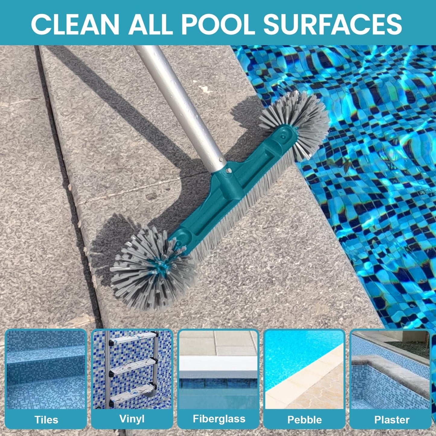 20” Pool Brush Head with Round Ends, Nylon Bristles, Extra Wide Plastic Pool Scrubber Brush for Cleaning Swimming Pool Walls, Steps & Corners Faster, Safe for Vinyl Liner(No Pole)