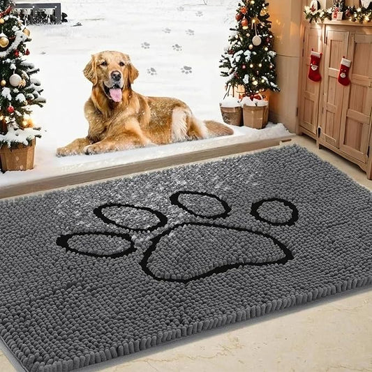 Dog Door Mat for Muddy Paws, Pet Rug Chenille Absorbent Outdoor Doormat 71"x 25", Non Slip Heavy Indoor Doormat Soft Front Inside Doormats for Entryway, Mud Paws, Patio,Dog Paw Black Grey