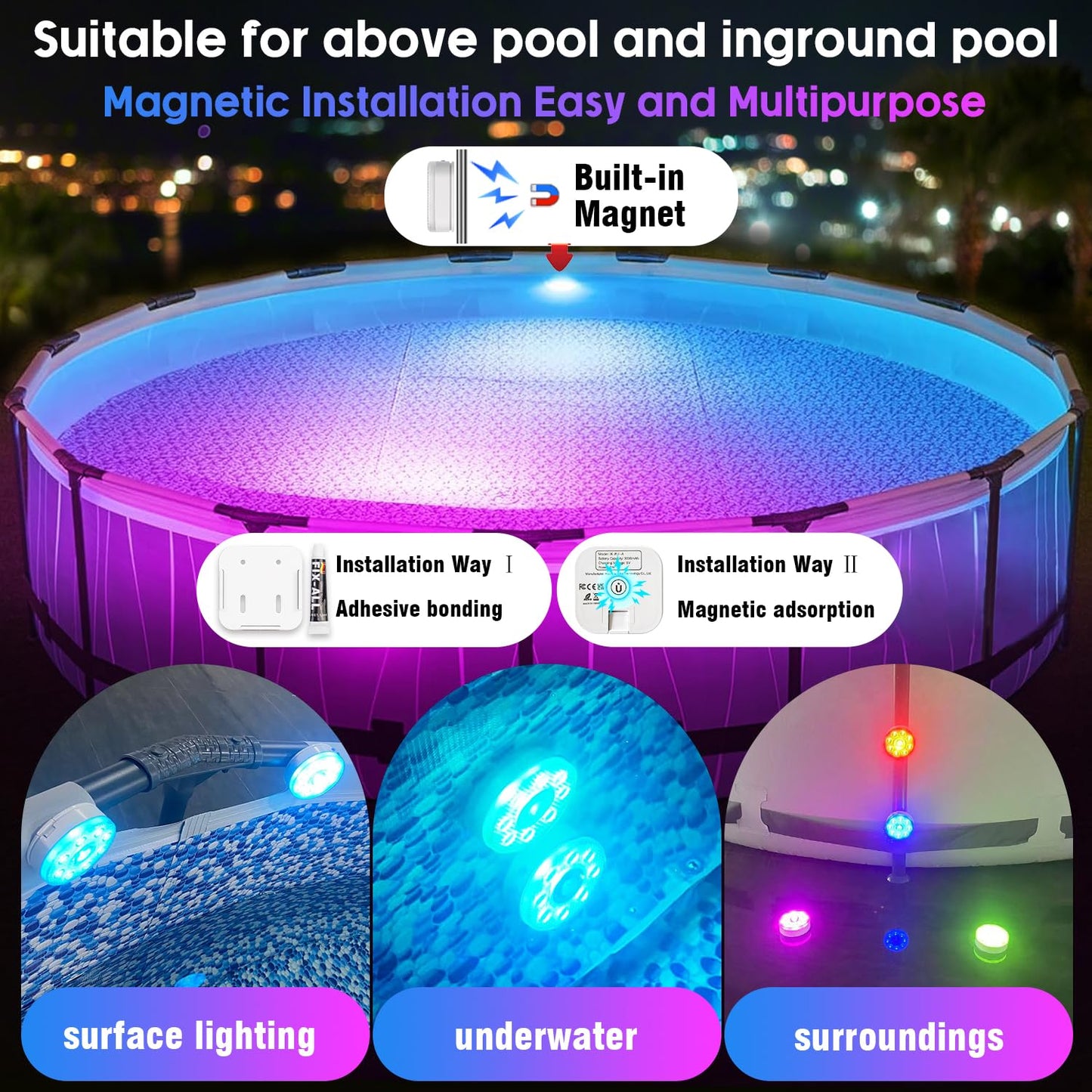 Underwater Pool Lights for Above Ground and Inground Swimming Pools with Remote Timer Off, Magnetic RGB Submersible LED Lights Rechargeable Spotlight 16 Colors 9-mode for Hot Tubs, Fountain -2Pack