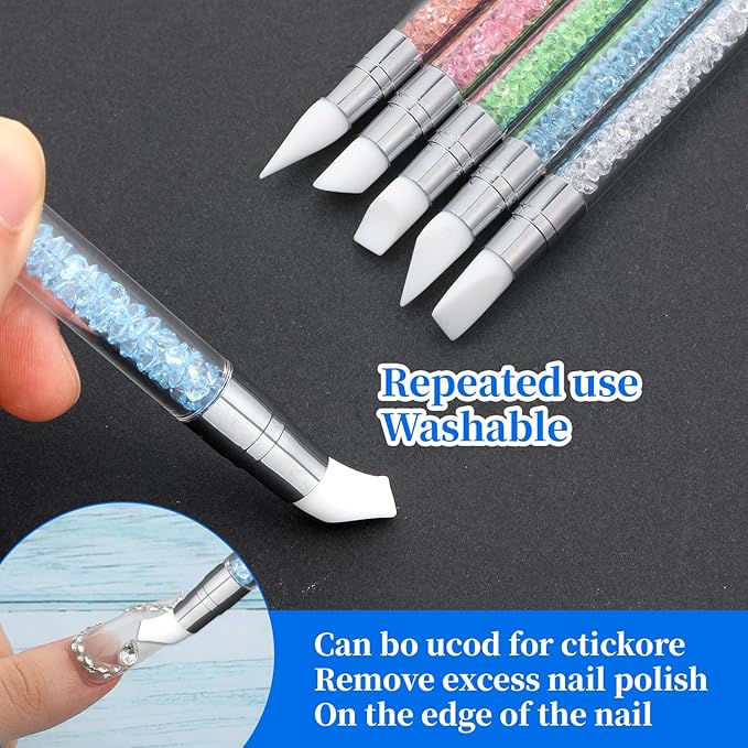 6 Pcs Nail Art Sculpture Pen, Dual Tipped Silicone Nail Tools, Silicone Head Acrylic Handle Nail Art Brushes, Rhinestone Nail Polish Carving Pen, Nail Art Tools for Home Salon(5 Colors)
