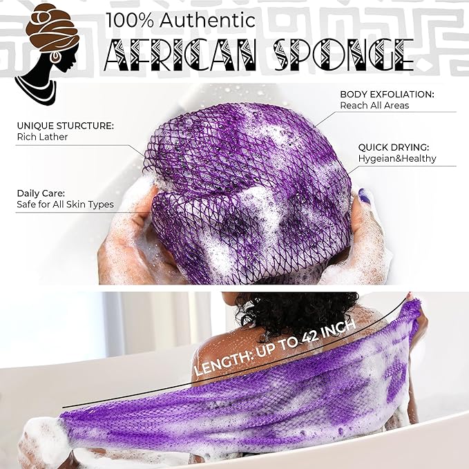 African Net Sponge Authentic - 2 Pieces Exfoliating Body Scrubber Bath Sponge - Back Scrubber Washcloth for Shower White&Purple - Real African Scrub Exfoliator Body Care Bathing Accessorie