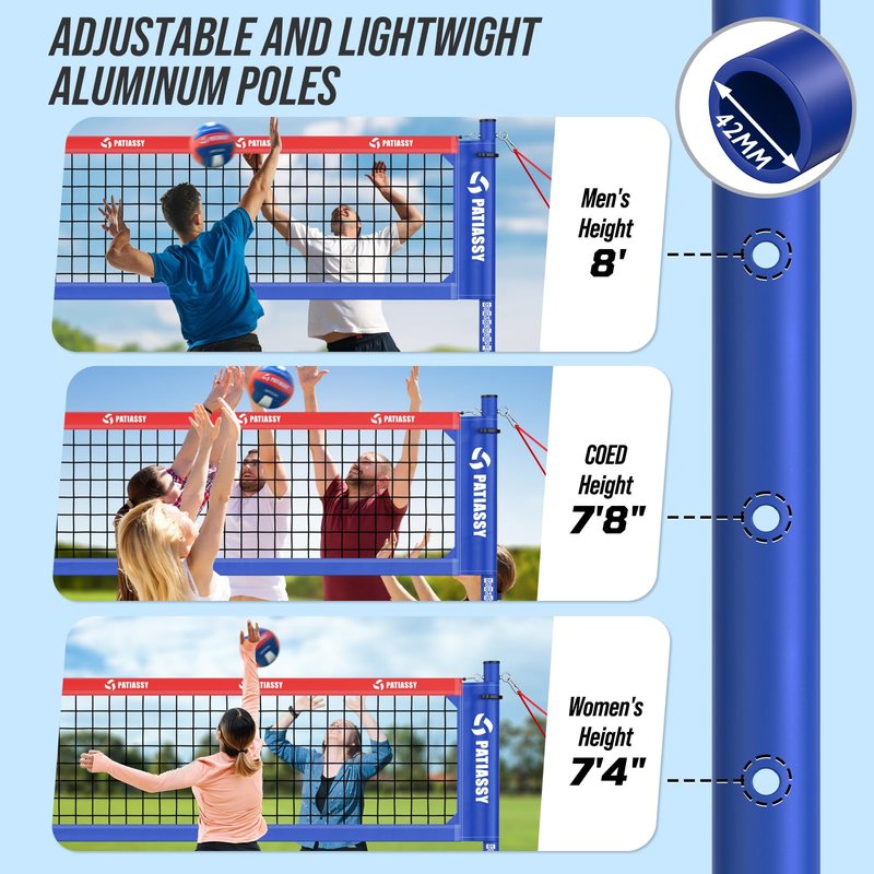 Professional Heavy Duty Volleyball Net Set for Backyard & Beach, Outdoor Net System with Steel Anti-Sag Winch, 32FT Reinforced Net, Height Adjustable Rust-Resistant Aluminum Poles, Portable Carry Bag