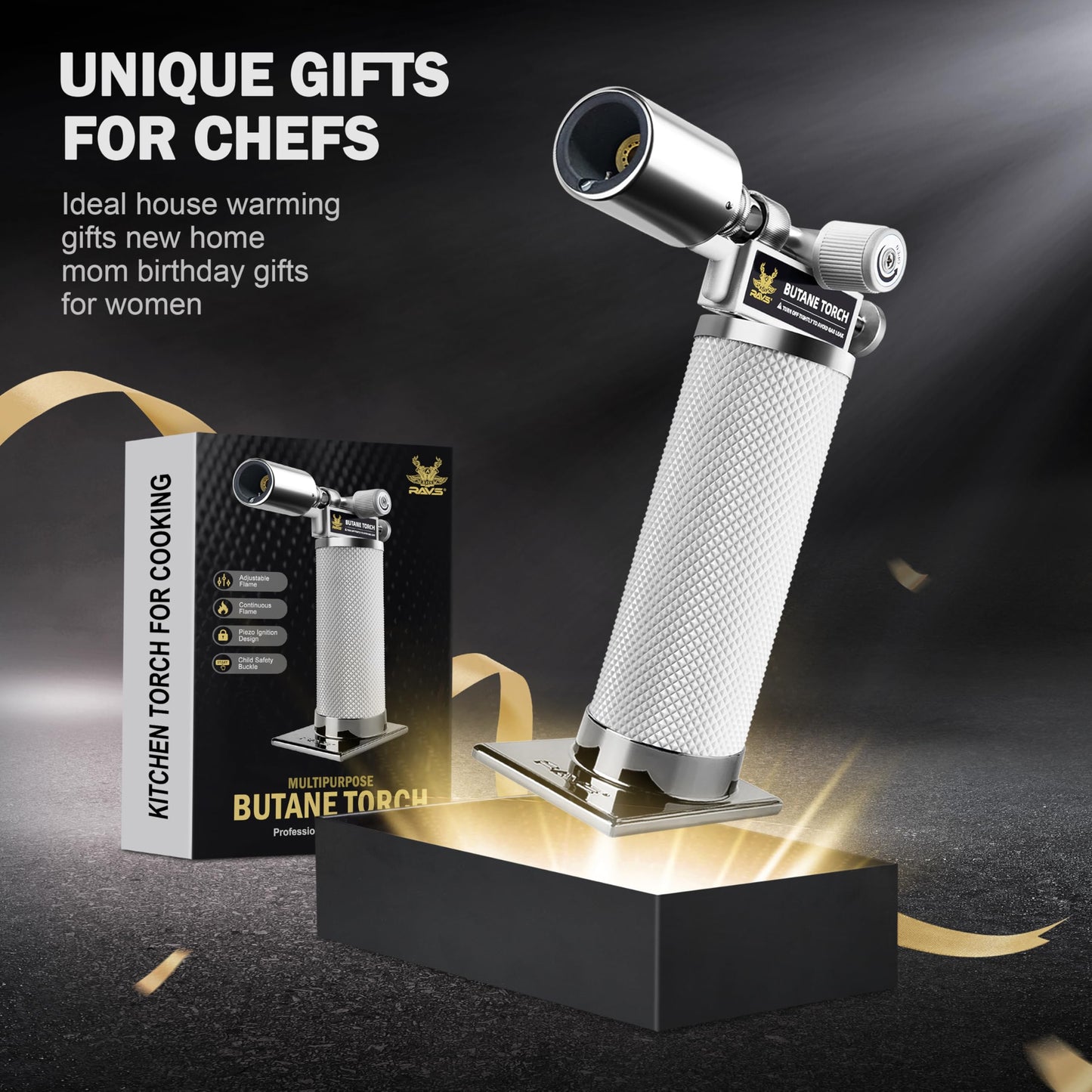 RAVS Butane Torch Lighter, Refillable Cooking Torch with Safety Lock and Adjustable Flame, Creme Brulee Torch for Baking, BBQ, White Mini Torch for Cooking, Gifts for Women, Butane Gas Not Included