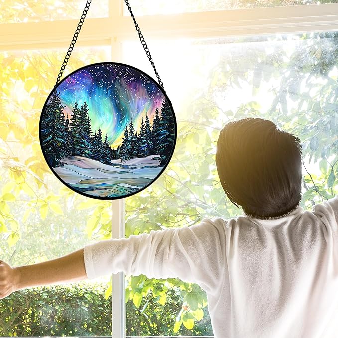 DASTOLL Stained Glass Window Hanging, Aurora Landscape Sun Catchers Glass Panel Green Trees Suncatcher Decor for Birthday for Women, Men, Wife, Aunt, and Mom 6.3 in