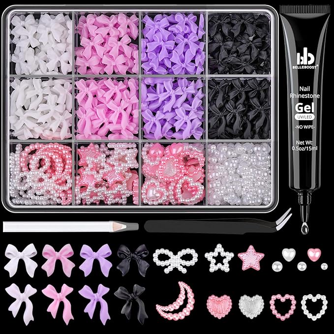 600 Pcs 3D Nail Charms and Flatback Pearls #7, 4 Colors Bow + Pink&White Star Heart Moon Cute Charms + 2-6mm White Pearls for Nail Art Design with Nail Charm Glue(UV Needed) and Pickup Tools