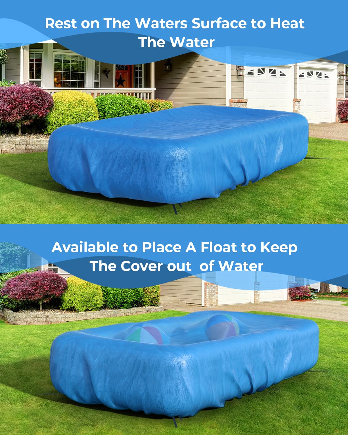 Inflatable Pool Cover Rectangle for 120” x 72”, 130” x 72”, 145" x 74" Pool, Secure Elastic Edge & Drawstrings 10' x 7' Rectangular Pool Covers for Above Ground Pools
