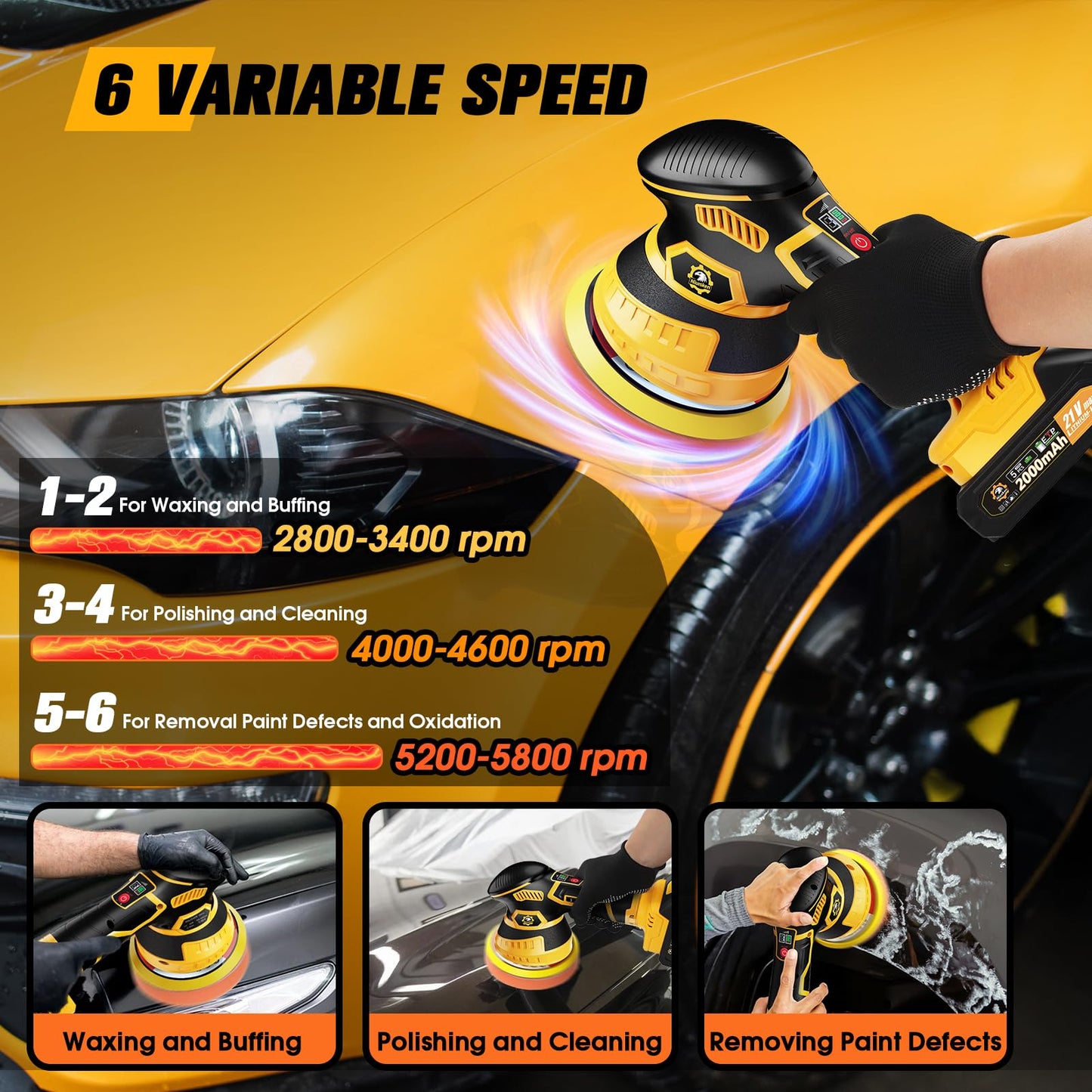 Niusken Cordless Car Buffer Polisher kit [2x 2000mAh 21V Batteries & 18 PCS Attachments] 6-Speed Orbital Design, LED Display, Lightweight Detailing Tool for Waxing, Polishing & Scratch Removal-Yellow