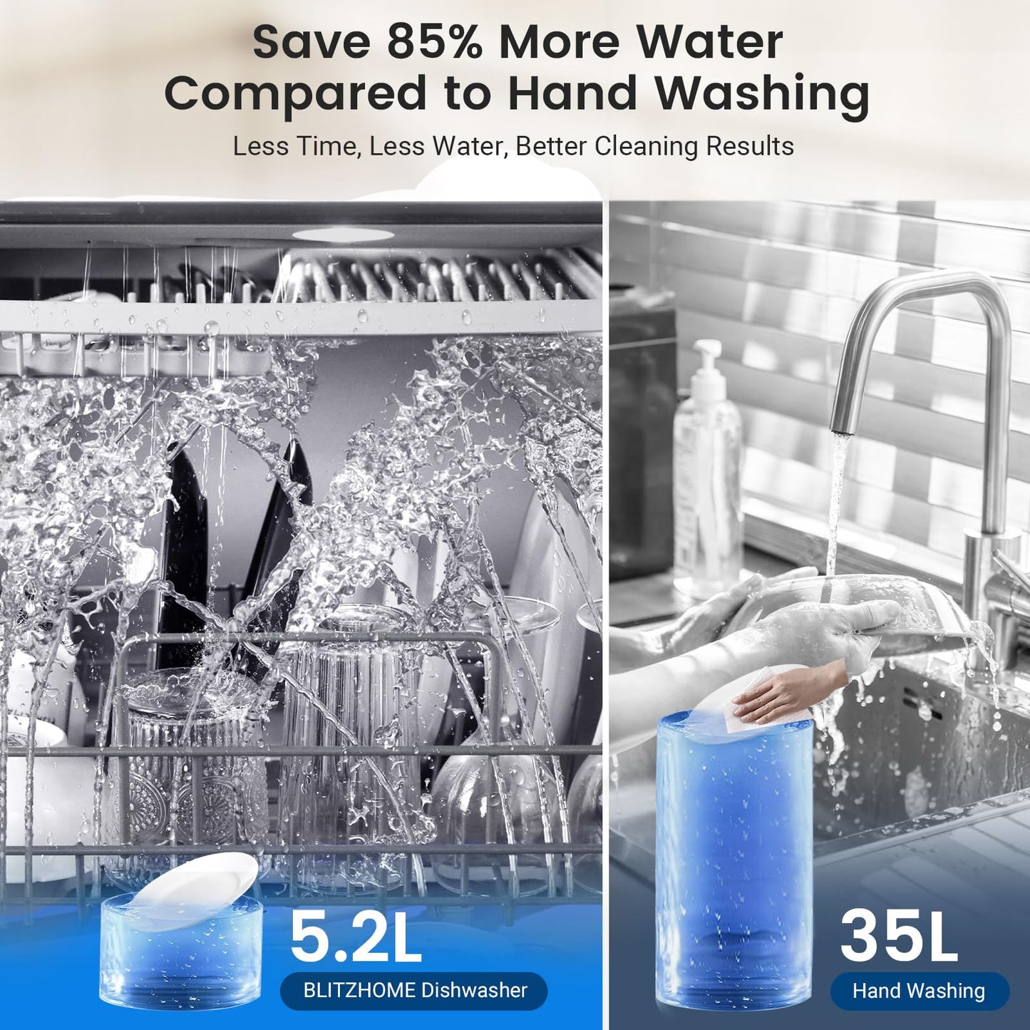 BLITZHOME Countertop Portable Mini Dishwasher, 9 Programs,167℉ High-Temp, Hot Air Drying, Air Refresh, 360° 3 Spray, 24H Timing, LED Light, 5.2L Built-in Water Tank for Apartments RVs