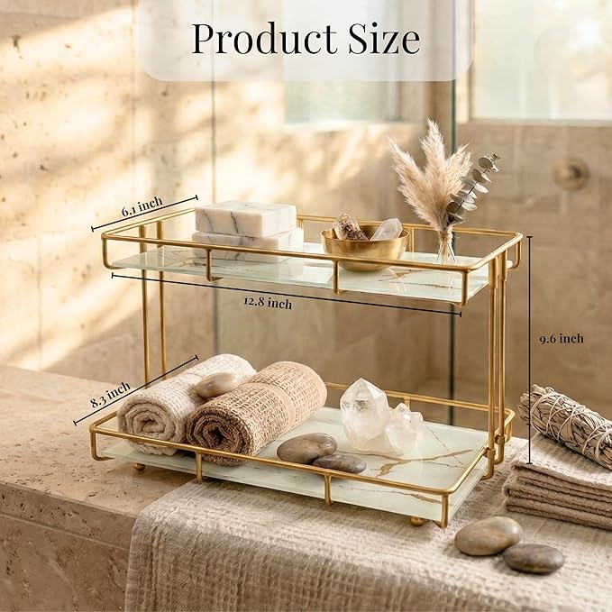 2-Tier White Marble Bathroom Countertop Organizer Ã¢ÂÂ Glass Shelves & Gold Metal Frame, Elegant Vanity Storage Shelf for Perfume, Skincare, Makeup & Toiletries