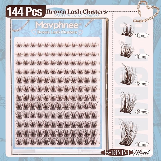 Brown Cluster Lashes Fairy Eyelash Clusters Natural Lash Extensions Wispy 3D Cluster Eyelash Extensions DIY Lash Extensions Soft Dark Brown Individual Eyelashes CC-Curly 8-16MM 144PCS