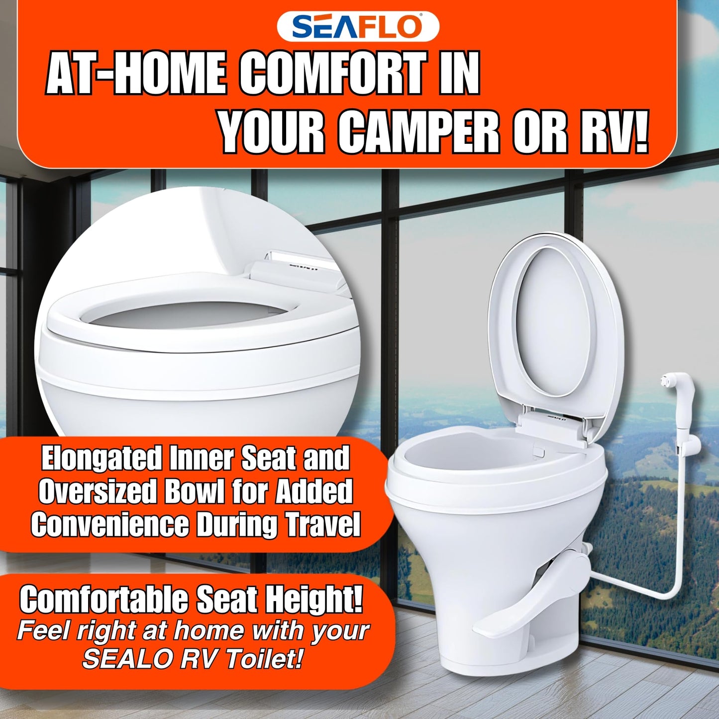 SEAFLO RV Toilet with Sprayer Attachment - White, 18.4” Residential Height, Gravity Flush Foot Pedal Camper Toilet Soft Close Seat Elongated Bowl Motorhome, 4-Year Warranty, SFRTPH-01-02