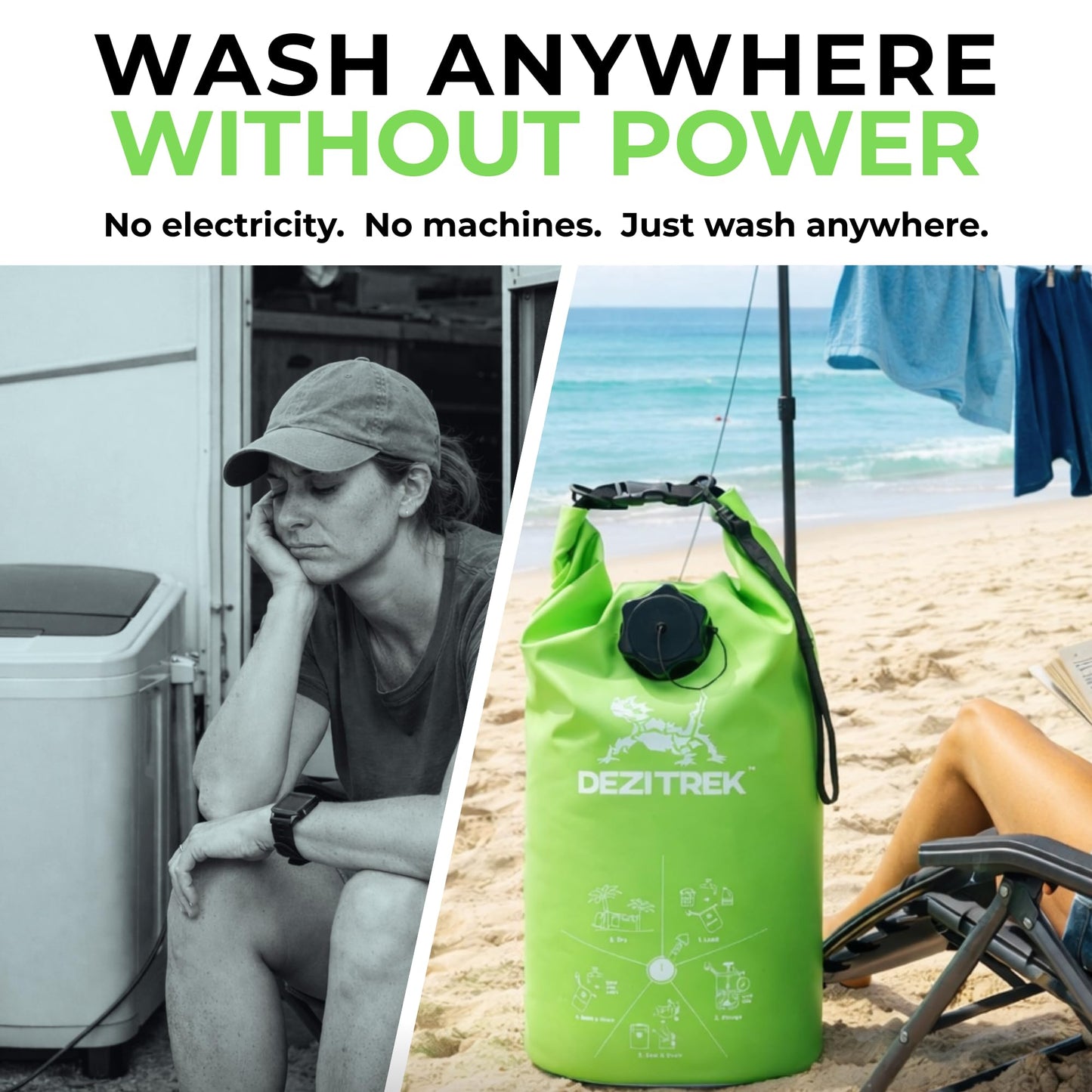 Dezitrek LARGE Portable Washing Machine – Off-Grid Laundry System, High Capacity Manual Clothes Washer with Plunger, No Power Needed, for Camping, RV, Travel