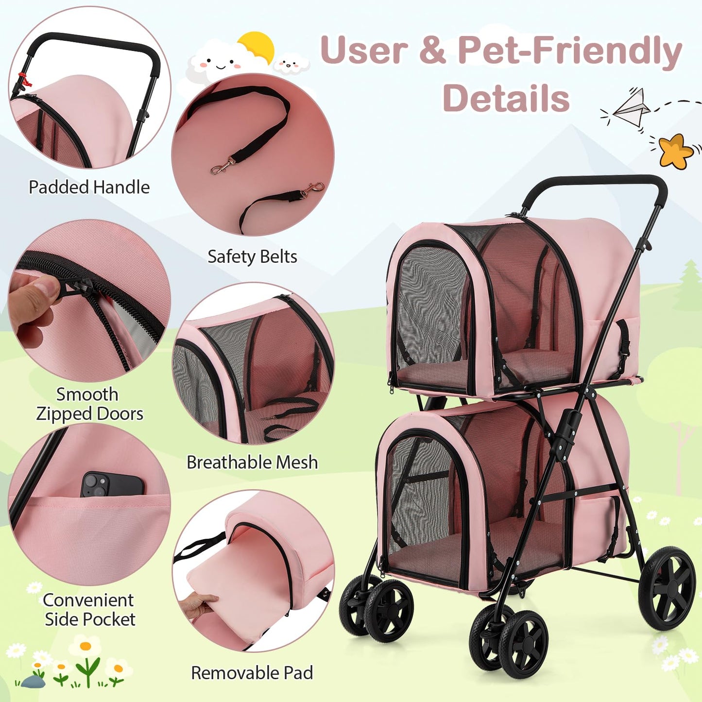 HAPPAWS Dog Stroller with 2 Detachable Carrier, Pet Stroller for Small Medium Dogs Cats, Jogger/Travel/Camping, 4-in-1 Doggy Pet Carrier, Carrier Strolling Cart with Lockable Wheels (Light Pink)