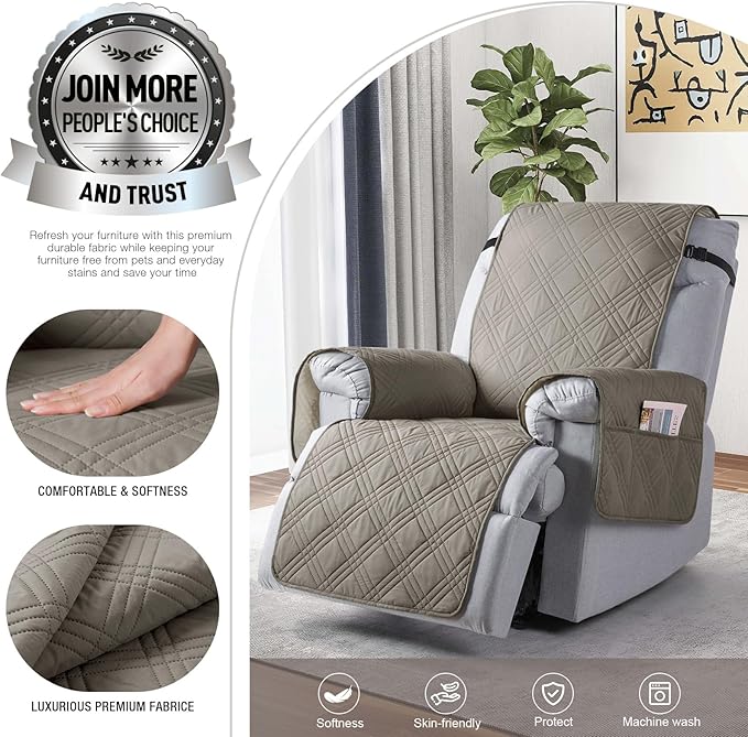 TAOCOCO 100% Waterproof Recliner Chair Covers, Non Slip Recliner Covers for Recliner Chair with Pocket, Washable Reclining Chair Cover Furniture Protector for Kids,Dogs(22'', Light Brown)