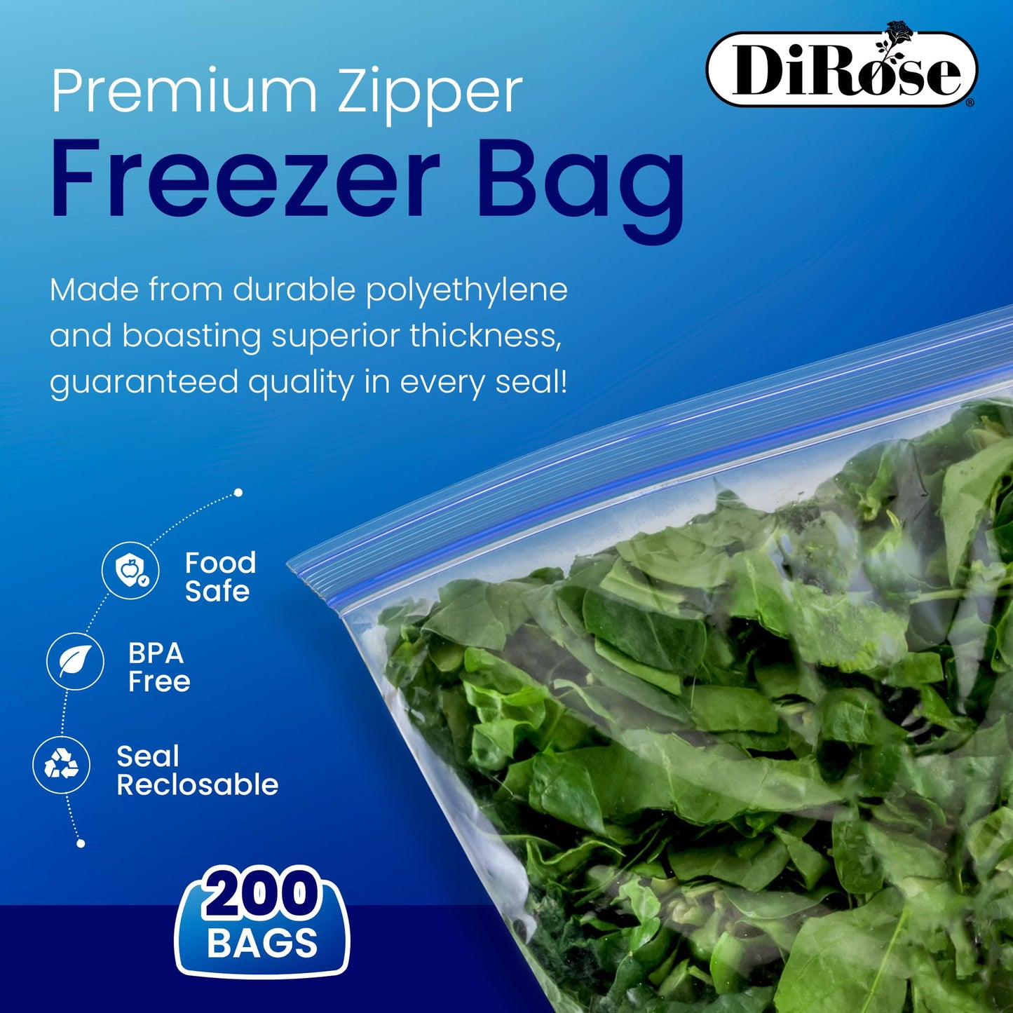 DiRose Reclosable Freezer Bags - 1 Gallon Size (200 Pack) | Double Zipper, Airtight Seal, BPA-Free, Premium Thick Heavy-Duty Bags for Safe and Secure Food Storage