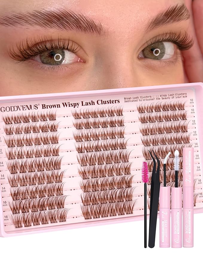 Goddvenus Brown Wispy Lash Clusters Kit Natural Cluster Eyelash Extensions Kit False Eyelashes Clusters Fluffy DIY Individual Lash Extensions Kit C Curl