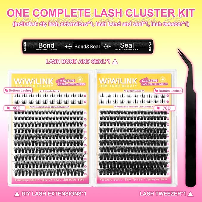 Wispy Lash Clusters Kit Eyelash Clusters with Bottom Lashes Natural 10-18mm Fluffy 40D 70D Individual Lashes Clusters Wispy Cluster Eyelash Extensions Bond&Seal D Curl DIY Lash Extension Kit