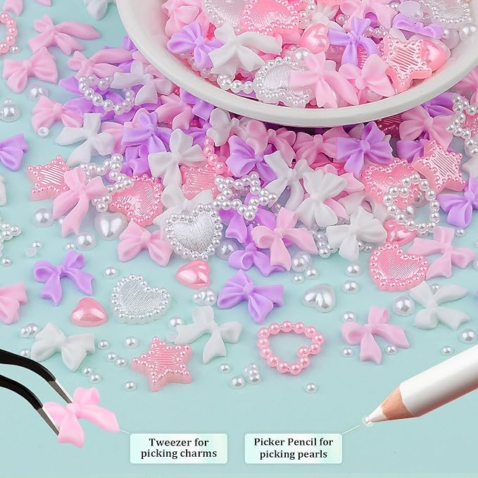 600 Pcs 3D Nail Charms and Flatback Pearls #9, 3 Colors Bow + Pink&White Star Heart Cute Charms + 2-6mm White Pearls for Nail Art Design with Nail Charm Glue(UV Needed) and Pickup Tools