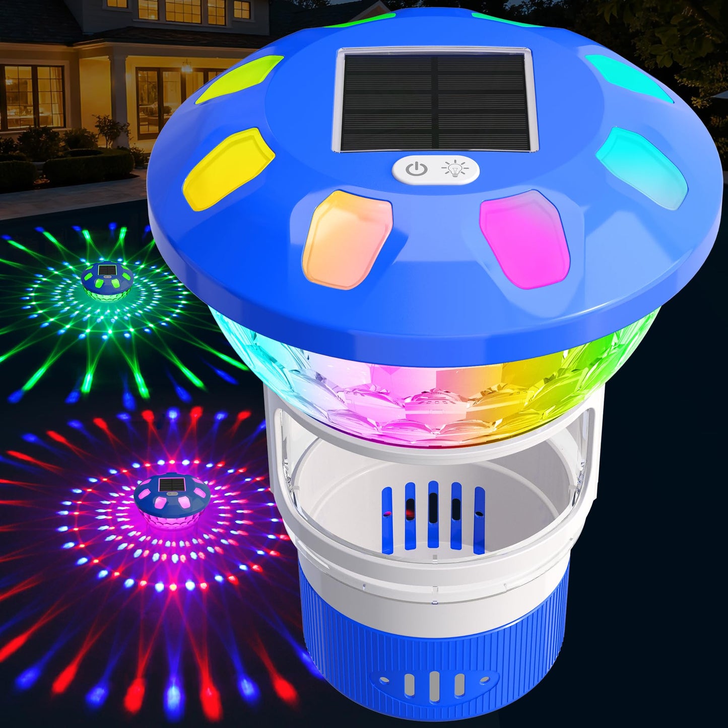 AquClor Chlorine Floater with Light,Pool Chlorine Floater with Adjustable Flow,Solar Chlorine Floater w/Large Capacity,Collapsible Floating Chlorine Dispenser for Pool,Hot Tub Chlorine Floater,Blue
