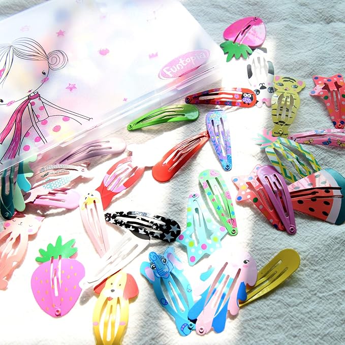 Funtopia Hair Clips for Girls,100 Pcs No Slip Metal Snap, Barrettes for Kids Teens Women, Cute Candy Color Cartoon Design Hair Pins (Animals Fruits Crowns Stars)